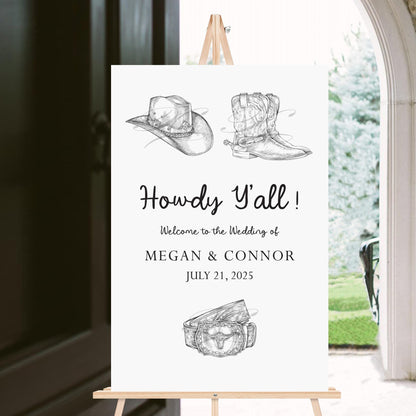 Welcome Wedding Sign Texas, Cowboy Boots, Cowboy Hat, Buckle, Howdy Y'all, Hand Drawn, Unique Welcome Sign, Welcome Engagement Party Sign