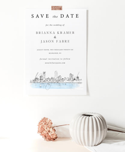 Milwaukee Wedding Save the Dates, Save the Date Cards, STD, Milwaukee Skyline, WI, Northwestern Building (set of 25 cards & envelopes)