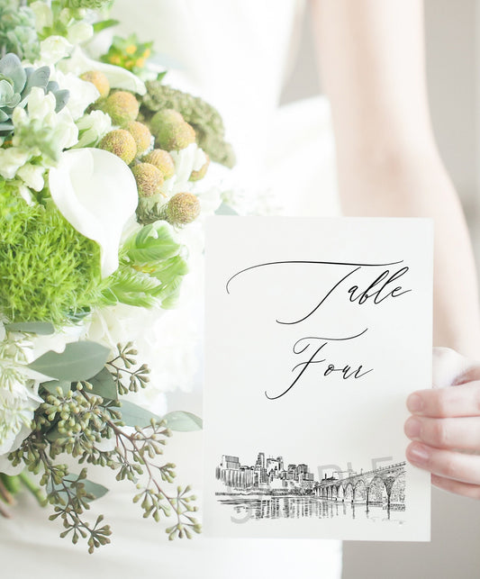 Minneapolis Skyline Table Numbers, Minnesota, Wedding Tables, Day of Event, Reserved Seating, Reception  (1-10)
