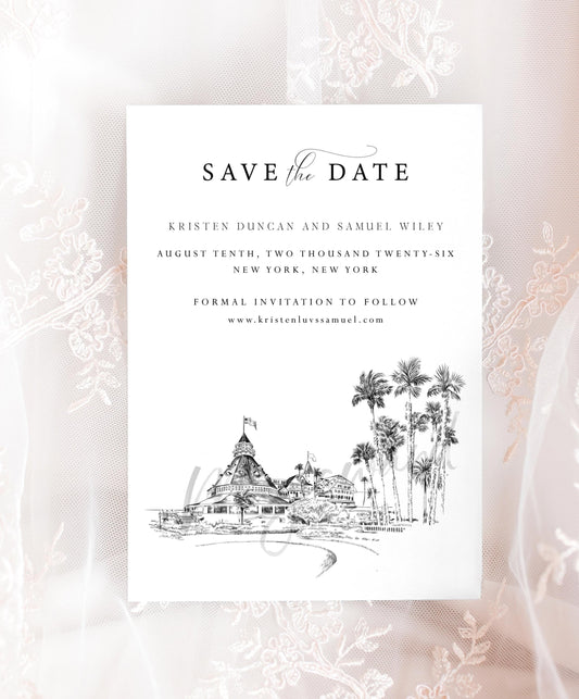 Hotel Del Coronado Hand Drawn Save the Date Cards, Save the Date, San Diego, Wedding, CA (set of 25 cards)