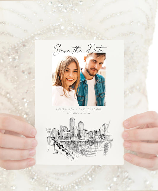 Boston Water View Skyline Photo Save the Dates, Wedding Save the Date Cards, Boston Weddings, STD (set of 25 cards)