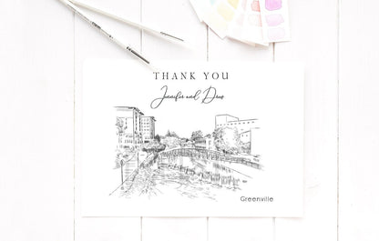Greenville Skyline Thank You Cards, Personal Note Cards, Bridal Shower Thank you Card Set, Corporate Thank you Cards, TY  (set of 25 cards)