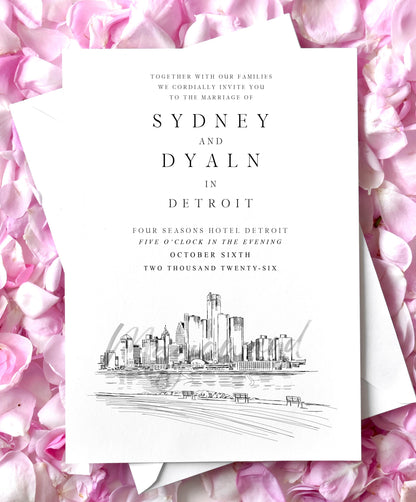 Detroit Skyline Wedding Invitations Package, Detroit Wedding Invites, RSVP Cards, Detroit Wedding Invitation
