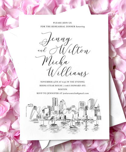 Boston Skyline Rehearsal Dinner Invitations, Boston Wedding, Boston Rehearsal Dinner Invite, Rehearsal Boston