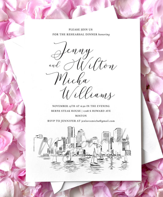 Boston Skyline Rehearsal Dinner Invitations, Boston Wedding, Boston Rehearsal Dinner Invite, Rehearsal Boston