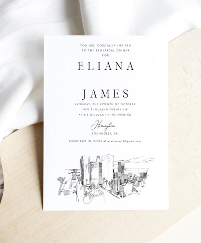 Los Angeles Skyline Rehearsal Dinner Invitations, LA Rehearsal Dinner, Los Angeles Wedding, LA Wedding (set of 25 cards)