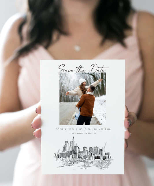 Philadelphia Skyline Photo Save the Dates, PA Wedding Save the Date Cards, Philadelphia Weddings, STD (set of 25 cards)