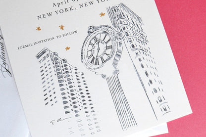 NYC 5th Ave Clock Skyline Starry Night Hand Drawn Save the Date Cards (set of 25 cards)