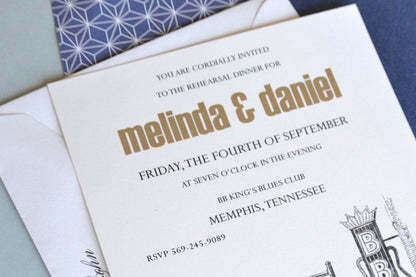 Memphis, Tennessee at Beale Street Skyline Hand Drawn Rehearsal Dinner Invitations (set of 25 cards)