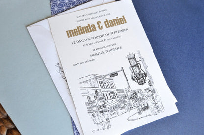 Memphis, Tennessee at Beale Street Skyline Hand Drawn Rehearsal Dinner Invitations (set of 25 cards)