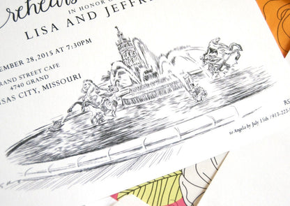 Kansas City, J.C. Nichols Memorial Fountain Skyline Rehearsal Dinner Invitations (set of 25 cards)