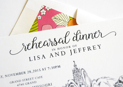 Kansas City, J.C. Nichols Memorial Fountain Skyline Rehearsal Dinner Invitations (set of 25 cards)