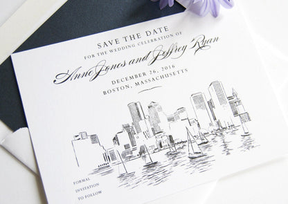 Boston Skyline Hand Drawn Save the Date Cards, STD, MA, Save the Dates (set of 25 cards)