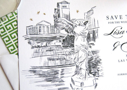 Caesars Palace Las Vegas Starry Night Hand Drawn Skyline Save the Date Cards (set of 25 cards)