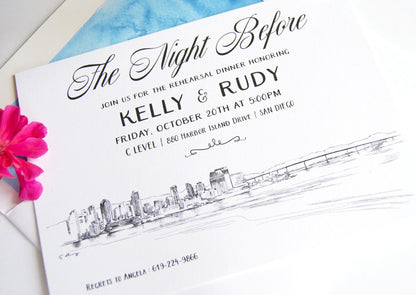 San Diego Skyline Rehearsal Dinner Invitations, San Diego Wedding, SD Rehearsal Dinner Invite (set of 25 cards)