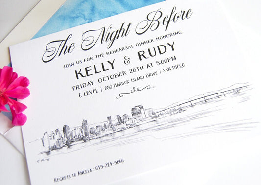 San Diego Skyline Rehearsal Dinner Invitations, San Diego Wedding, SD Rehearsal Dinner Invite (set of 25 cards)