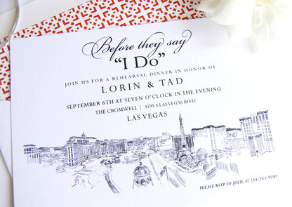 Las Vegas Skyline Destination Wedding Hand Drawn Rehearsal Dinner Invitations (set of 25 cards)