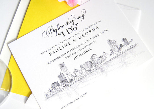 Milwaukee Skyline Hand Drawn Rehearsal Dinner Invitations (set of 25 cards)