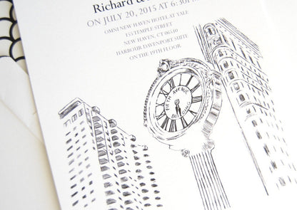 New York 5th Ave Clock Skyline Rehearsal Dinner Invitations (set of 25 cards)