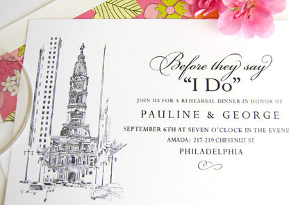 Philadelphia Rehearsal Dinner Invitations, City Hall , Rehearsal Dinner, Rehearsal Invitations, PA Wedding (set of 25 cards)