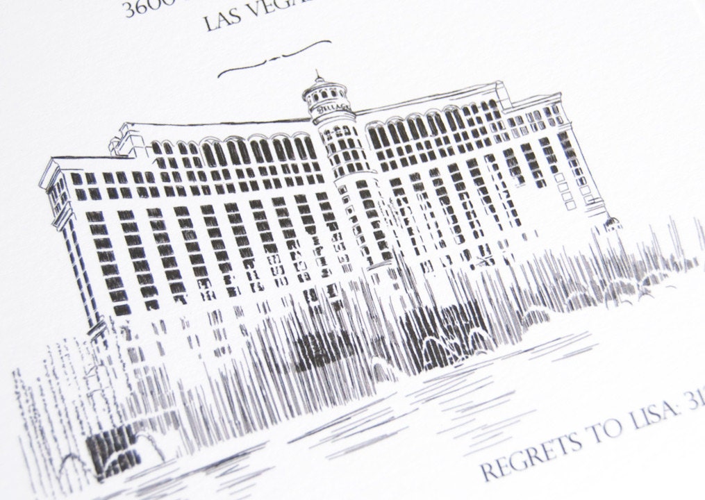 Bellagio Hotel Rehearsal Dinner Invitations, Las Vegas Skyline  (set of 25 cards)