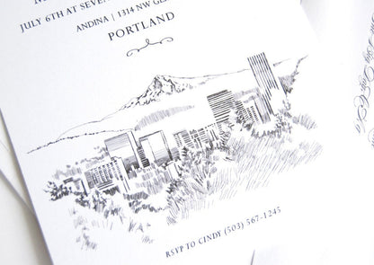 Portland Skyline Hand Drawn Rehearsal Dinner Invitations (set of 25 cards)