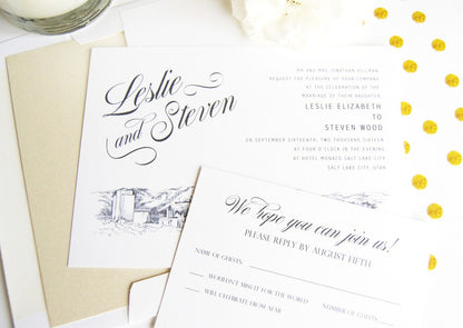 Salt Lake City Skyline Hand Drawn LDS Wedding Invitation Package (Sold in Sets of 10 Invitations, RSVP Cards + Envelopes)