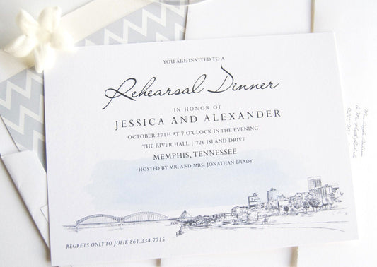Memphis Skyline with the Pyramid Rehearsal Dinner Invitations, Memphis Wedding (set of 25 cards)