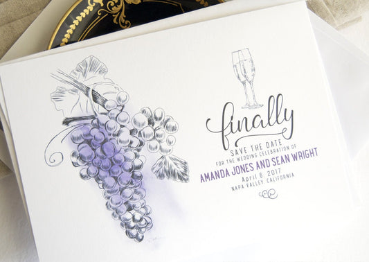Vineyard, Napa Valley Skyline Hand Drawn Save the Date Cards (set of 25 cards)