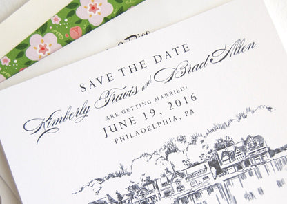 Boathouse Row, Philadelphia Wedding Skyline Save the Dates, Save the Date Cards (set of 25 cards and white envelopes)