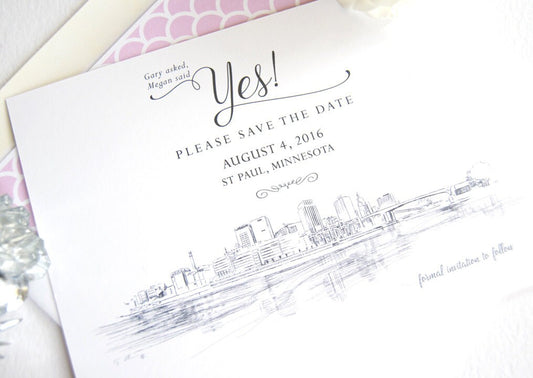 St Paul Wedding Save the Date Cards, Save the Dates, Minnesota Skyline Hand Drawn (set of 25 cards)