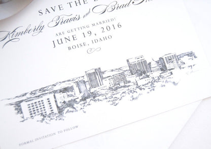 Boise, Idaho Skyline Watercolor & Hand Drawn Save the Date Cards (set of 25 cards)