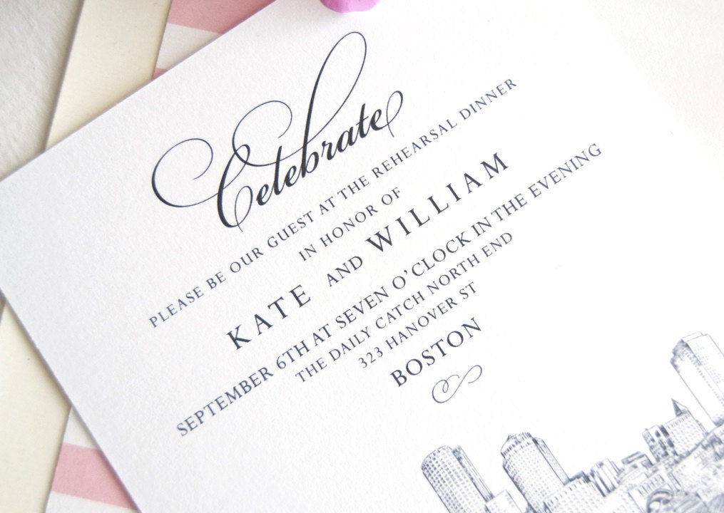 Boston Water View Skyline Rehearsal Dinner Invitations (set of 25 cards)