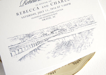 Oldfield Outfitters Center Bridge, Okatie, South Carolina Skyline Rehearsal Dinner Invitations (set of 25 cards)
