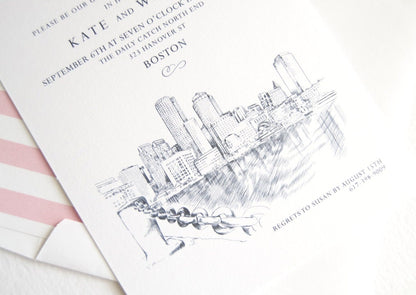 Boston Water View Skyline Rehearsal Dinner Invitations (set of 25 cards)