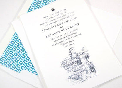 Las Vegas Caesars Palace Skyline Destination Wedding Invitation, Las Vegas Wedding (Sold in Sets of 10 Invitations, RSVP Cards + Envelopes)
