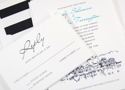 Philadelphia Boathouse Row Wedding Invitations Package (Sold in Sets of 10 Invitations, RSVP Cards + Envelopes)