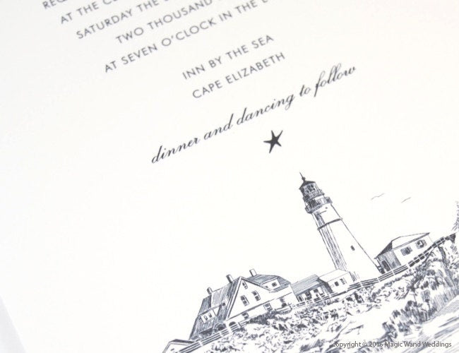 Portland Head Light House Skyline Destination Wedding Invitations Package (Sold in Sets of 10 Invitations, RSVP Cards + Envelopes)