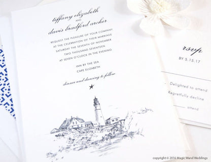 Portland Head Light House Skyline Destination Wedding Invitations Package (Sold in Sets of 10 Invitations, RSVP Cards + Envelopes)