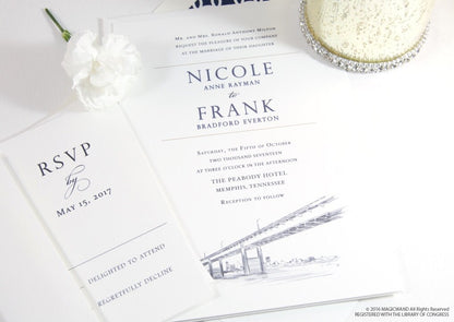 Memphis Bridge Skyline Wedding Invitations Package (Sold in Sets of 10 Invitations, RSVP Cards + Envelopes)