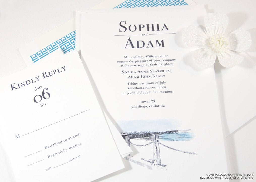 San Diego Crystal Pier View from Tower 23 Wedding Invitations Package (Sold in Sets of 10 Invitations, RSVP Cards + Envelopes)
