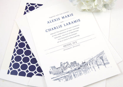 Minneapolis Skyline Hand Drawn Wedding Invitation Package (Sold in Sets of 10 Invitations, RSVP Cards + Envelopes)