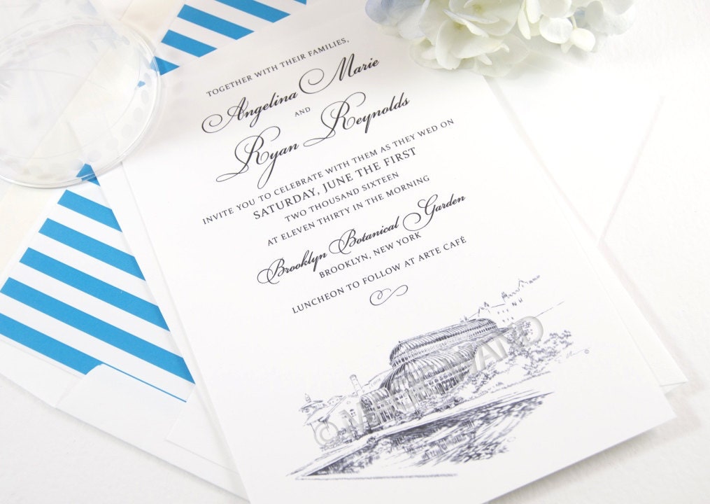 Brooklyn Botanic Garden Hand Drawn Wedding Invitations Package (Sold in Sets of 10 Invitations, RSVP Cards + Envelopes)