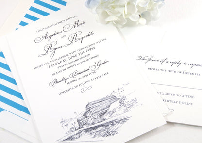 Brooklyn Botanic Garden Hand Drawn Wedding Invitations Package (Sold in Sets of 10 Invitations, RSVP Cards + Envelopes)