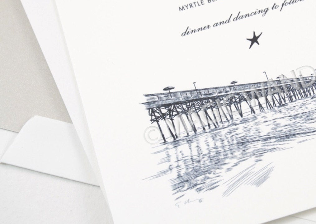 Myrtle Beach Skyline Hand Drawn Wedding Invitations Package (Sold in Sets of 10 Invitations, RSVP Cards + Envelopes)