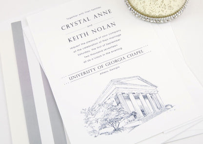 University of Georgia Chapel Hand Drawn Wedding Invitations Package (Sold in Sets of 10 Invitations, RSVP Cards + Envelopes)