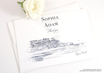 Laguna Beach Skyline Wedding Thank You Cards, Personal Note Cards, Bridal Shower Thank you Cards (set of 25 cards)