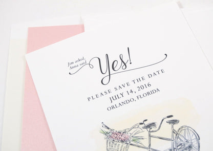 Rustic Weddings Save the Date Cards, Bicycle Built for Two with flowers, bike for 2 Hand Drawn  (set of 25 cards and envelopes)