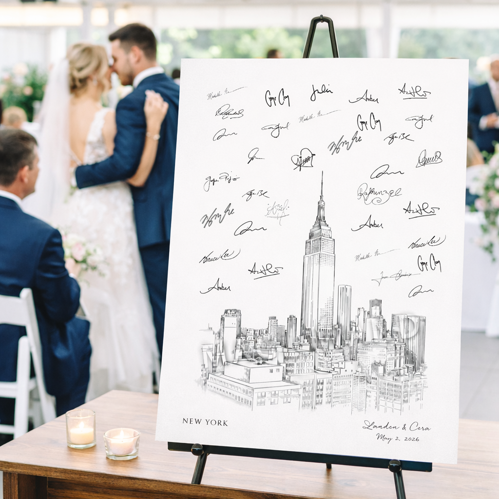 New York Skyline Wedding Guest Book Alternative | Personalized NYC Wedding Guest Book Sign
