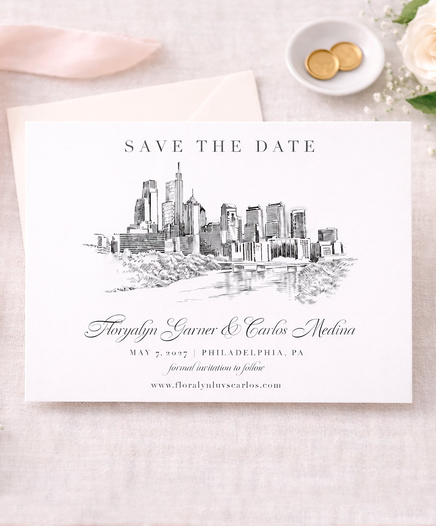 Philadelphia Save the Date Cards – Skyline Wedding Save the Dates, Custom Philadelphia Wedding Cards (Set of 25)